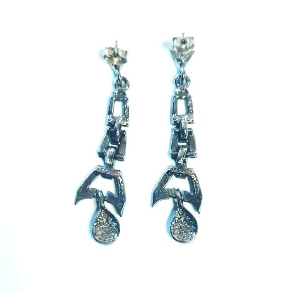 Vintage Art Deco Style Black & Silver-Tone Dangle Earrings - Picture 2 of 4